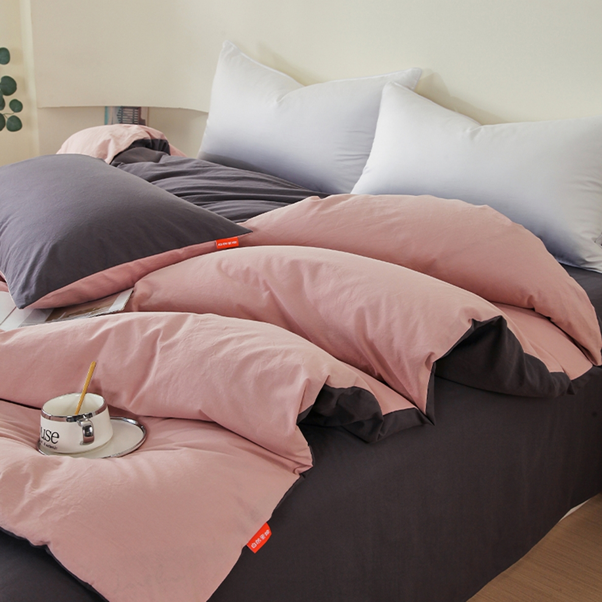 91家纺网 家纺一手货源 找家纺 春皖家纺 2026春夏新款双拼全棉水洗棉单被套被套单件单品被套 豆沙墨灰