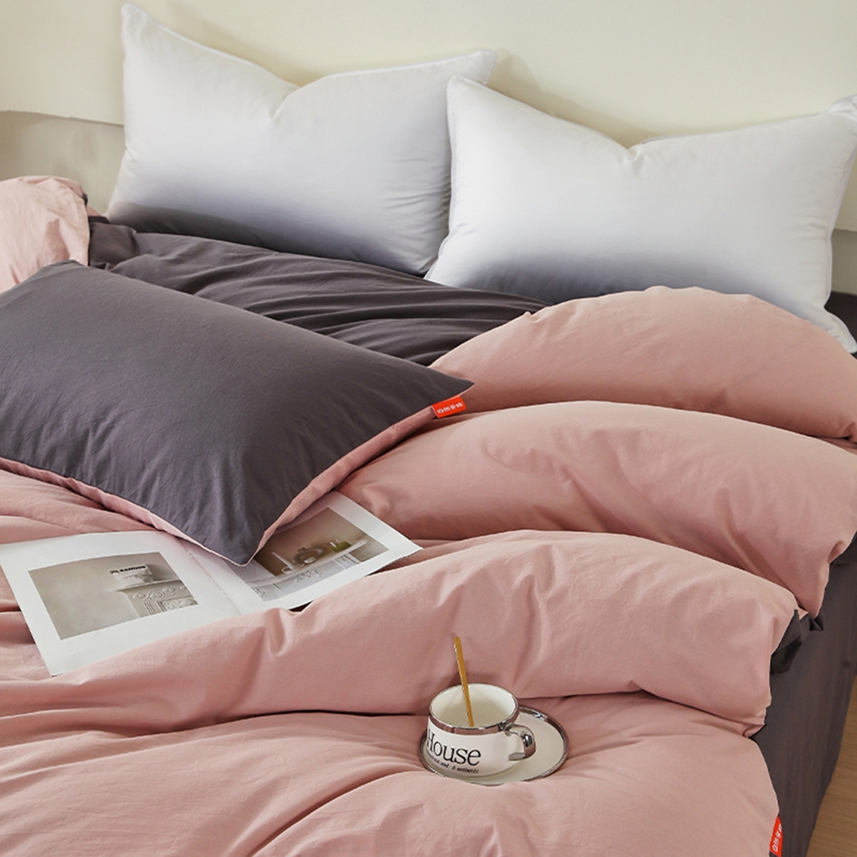 91家纺网 家纺一手货源 找家纺 春皖家纺 2026春夏新款双拼全棉水洗棉单被套被套单件单品被套 豆沙墨灰