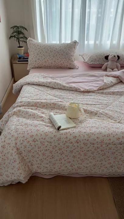 91家纺网 家纺一手货源 找家纺 欧尚 2026新款蕾丝花边夏被款四件套 粉黛