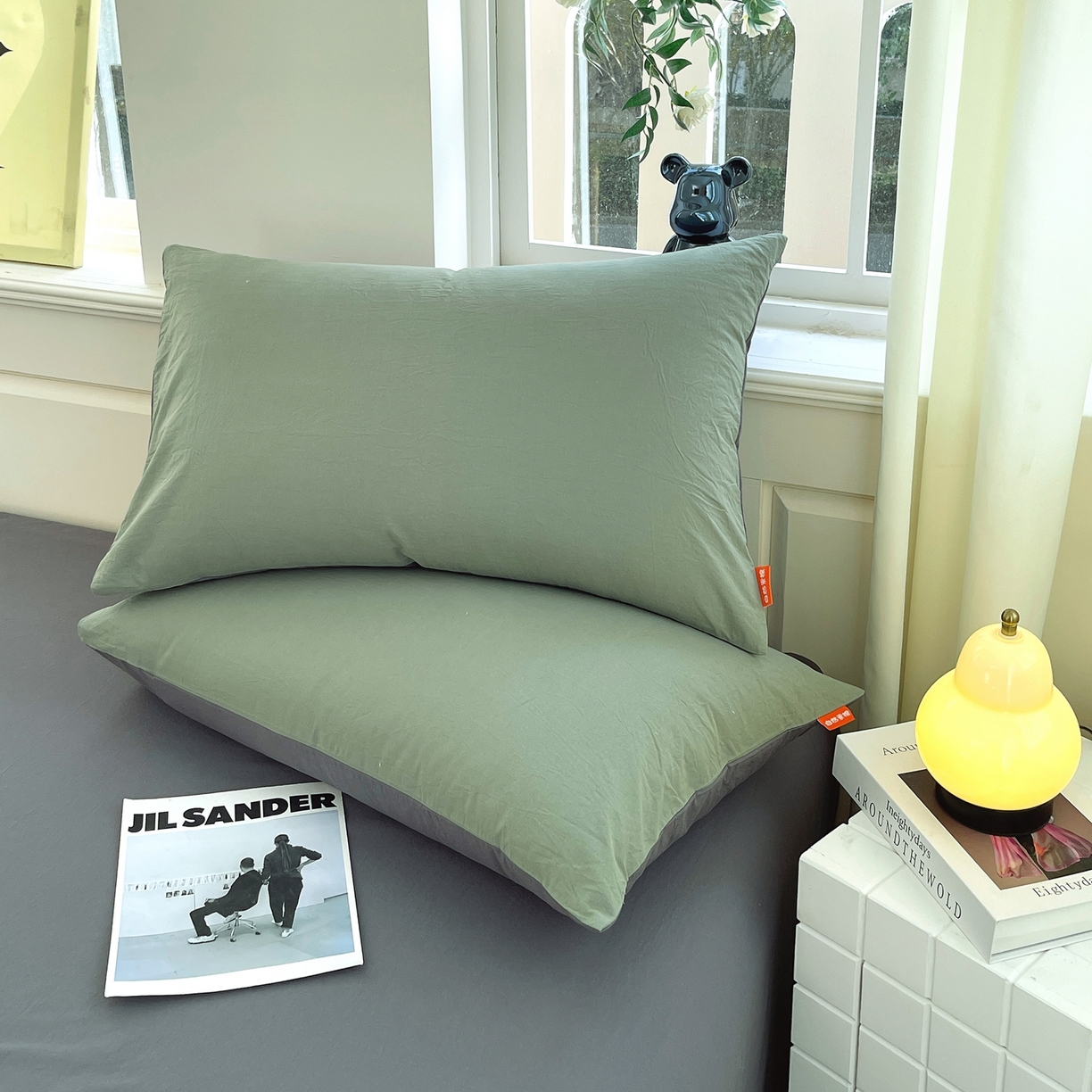 91家纺网 家纺一手货源 找家纺 春皖家纺 2026春夏新款双拼全棉水洗棉单枕套枕套单件单品枕套 墨绿-深灰