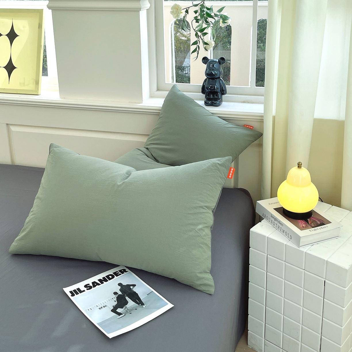 91家纺网 家纺一手货源 找家纺 春皖家纺 2026春夏新款双拼全棉水洗棉单枕套枕套单件单品枕套 墨绿-深灰