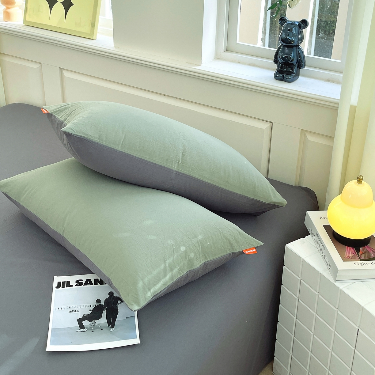 91家纺网 家纺一手货源 找家纺 春皖家纺 2026春夏新款双拼全棉水洗棉单枕套枕套单件单品枕套 墨绿-深灰