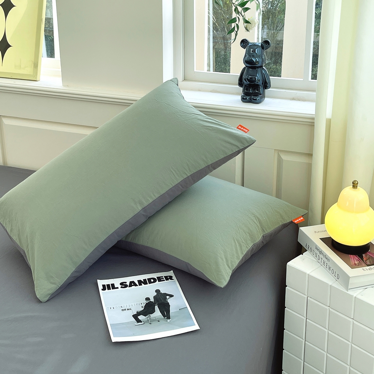 91家纺网 家纺一手货源 找家纺 春皖家纺 2026春夏新款双拼全棉水洗棉单枕套枕套单件单品枕套 墨绿-深灰