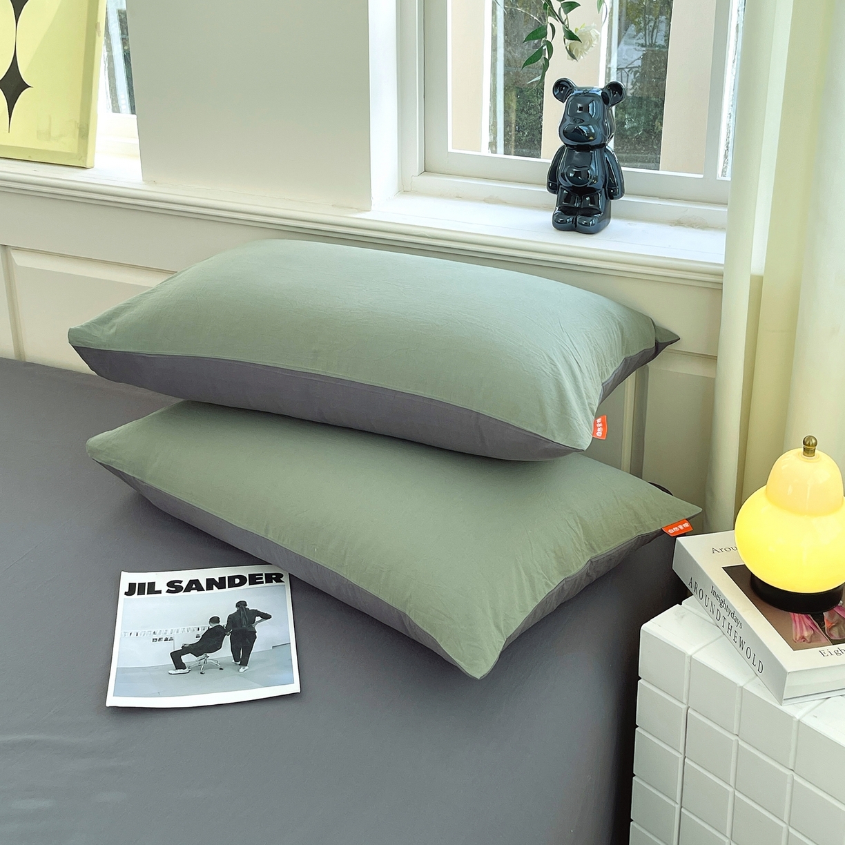 91家纺网 家纺一手货源 找家纺 春皖家纺 2026春夏新款双拼全棉水洗棉单枕套枕套单件单品枕套 墨绿-深灰