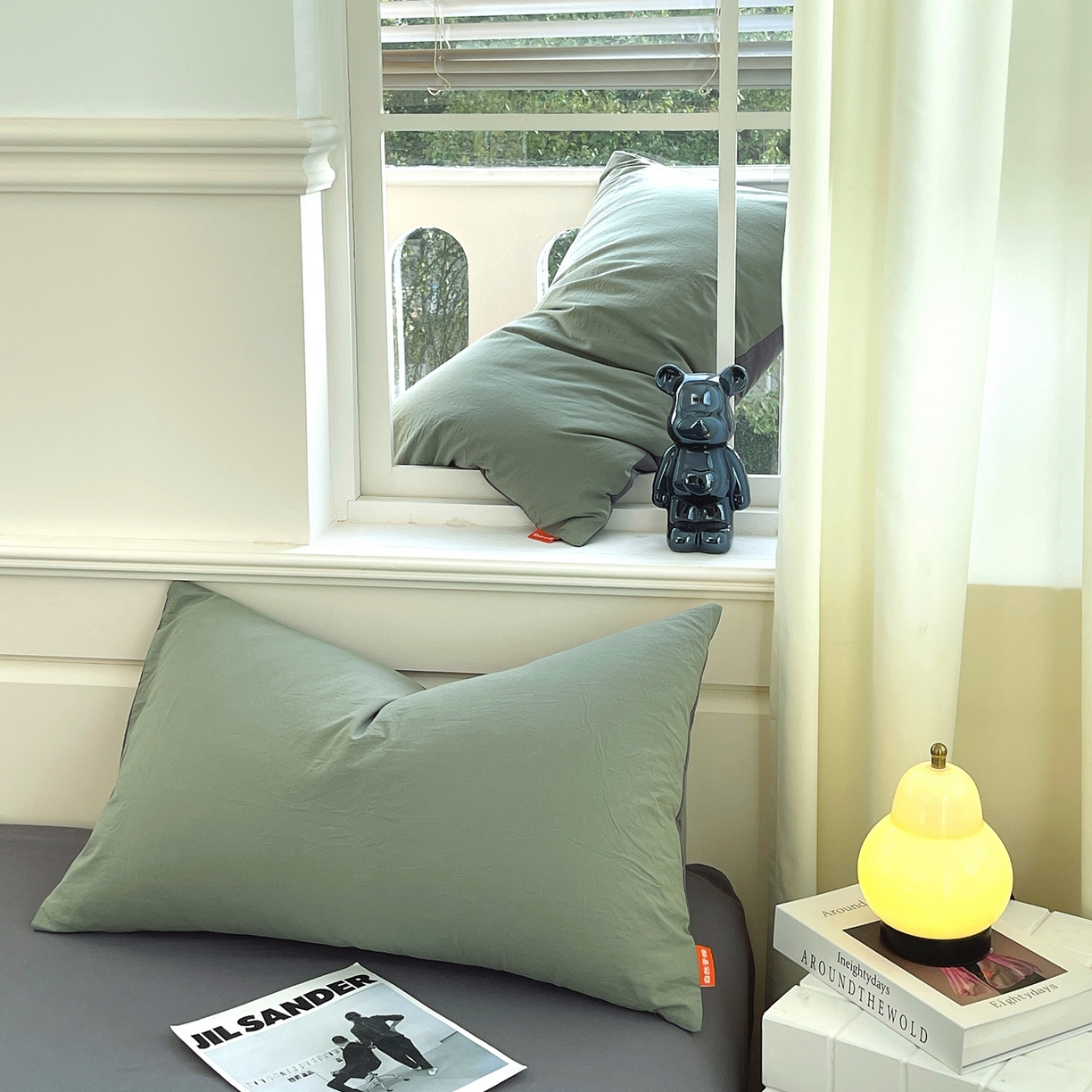 91家纺网 家纺一手货源 找家纺 春皖家纺 2026春夏新款双拼全棉水洗棉单枕套枕套单件单品枕套 墨绿-深灰