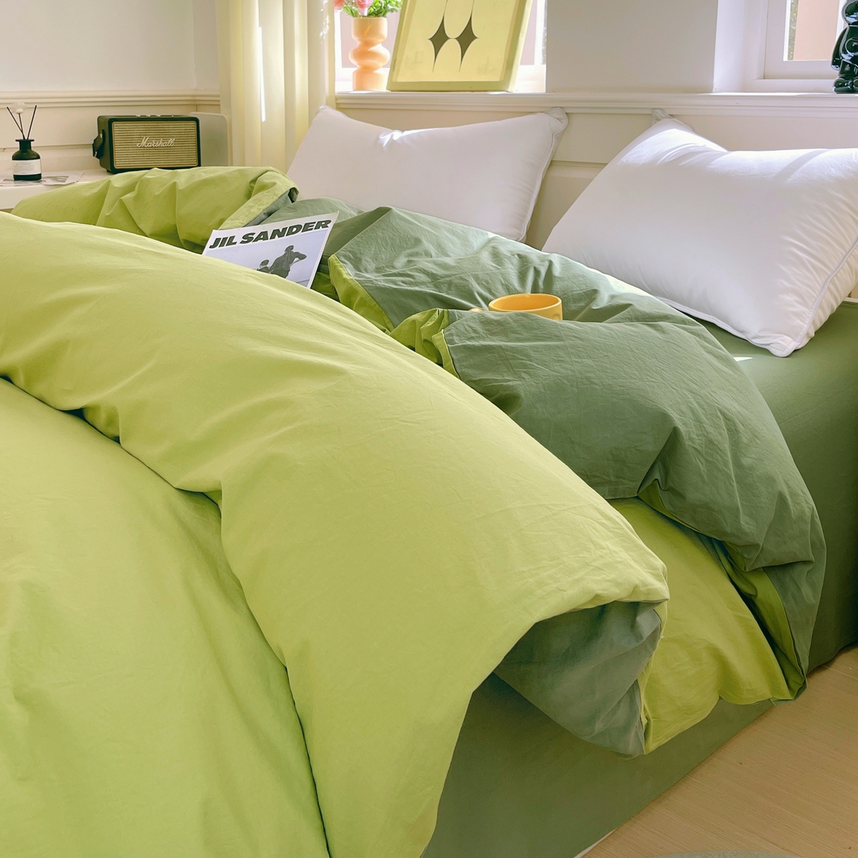 91家纺网 家纺一手货源 找家纺 春皖家纺 2026春夏新款双拼全棉水洗棉单被套被套单件单品被套 果绿-墨绿