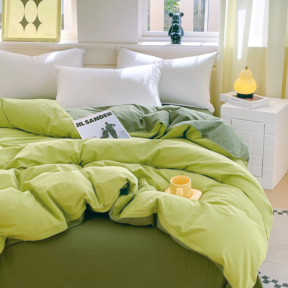 91家纺网 家纺一手货源 找家纺 春皖家纺 2026春夏新款双拼全棉水洗棉单被套被套单件单品被套 果绿-墨绿