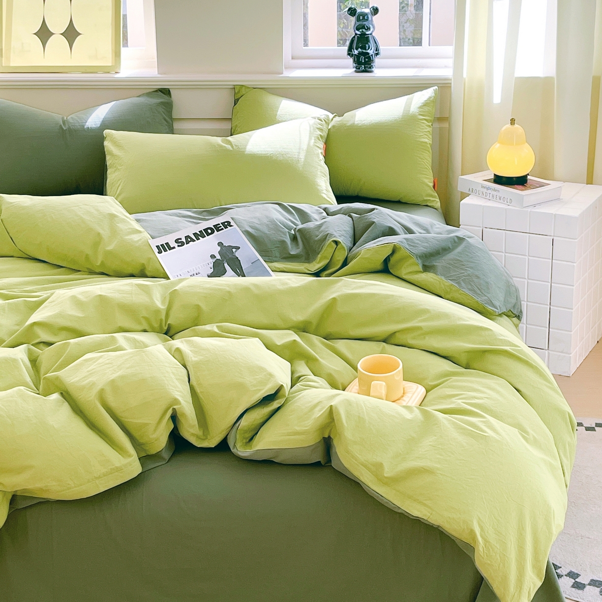 91家纺网 家纺一手货源 找家纺 春皖家纺 2026春夏新款双拼全棉水洗棉单被套被套单件单品被套 果绿-墨绿