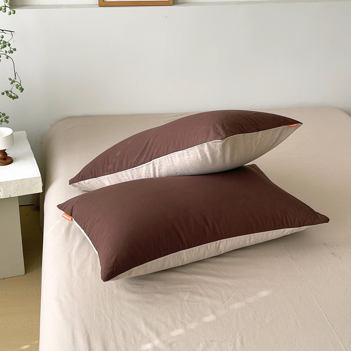 91家纺网 家纺一手货源 找家纺 春皖家纺 2026春夏新款双拼全棉水洗棉单枕套枕套单件单品枕套 慕斯棕-卡其