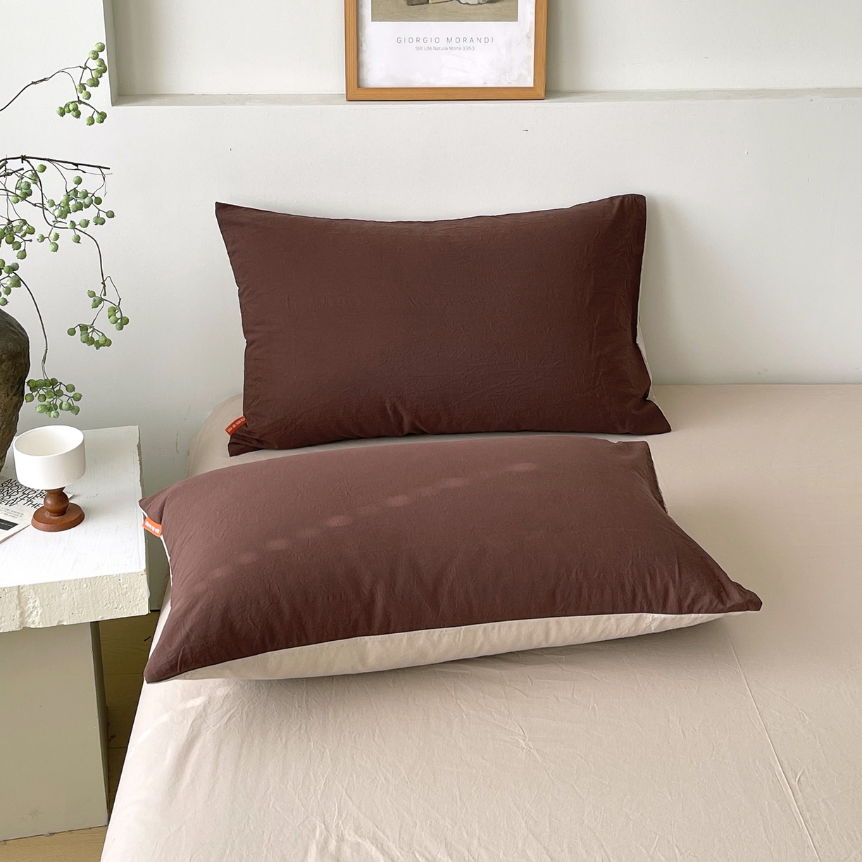 91家纺网 家纺一手货源 找家纺 春皖家纺 2026春夏新款双拼全棉水洗棉单枕套枕套单件单品枕套 慕斯棕-卡其