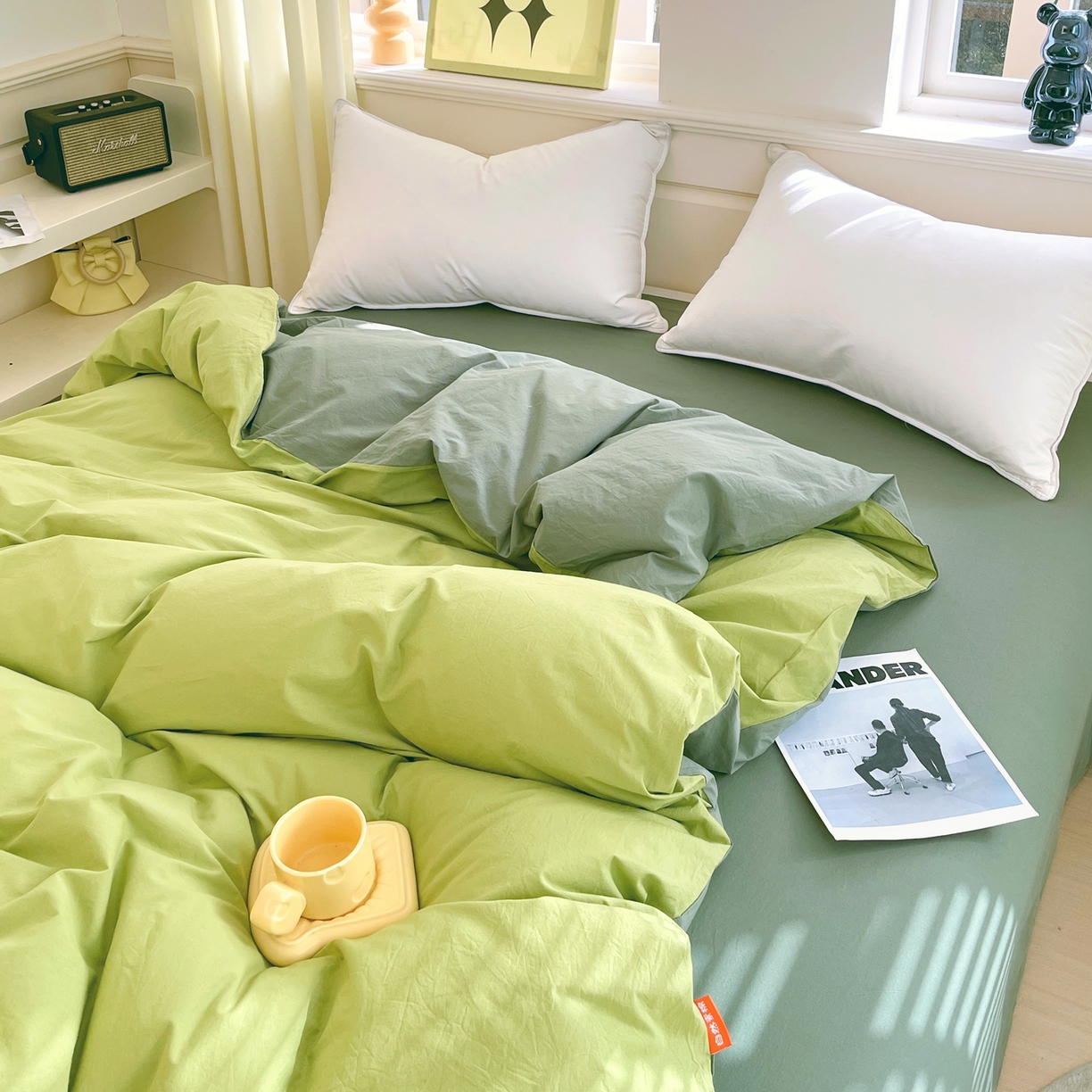 91家纺网 家纺一手货源 找家纺 春皖家纺 2026春夏新款双拼全棉水洗棉单被套被套单件单品被套 果绿-墨绿