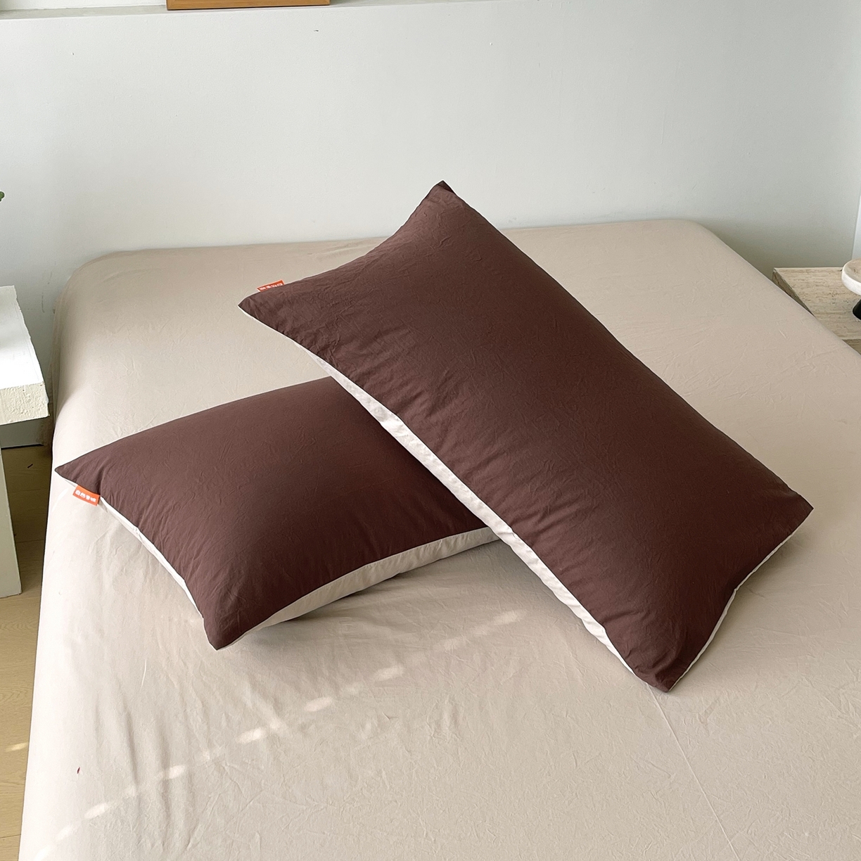 91家纺网 家纺一手货源 找家纺 春皖家纺 2026春夏新款双拼全棉水洗棉单枕套枕套单件单品枕套 慕斯棕-卡其