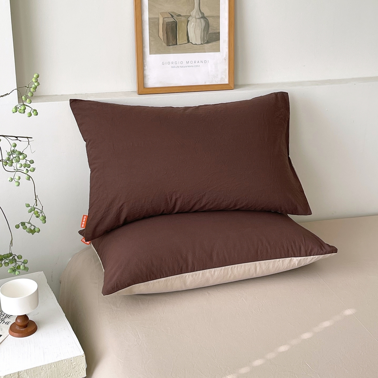 91家纺网 家纺一手货源 找家纺 春皖家纺 2026春夏新款双拼全棉水洗棉单枕套枕套单件单品枕套 慕斯棕-卡其