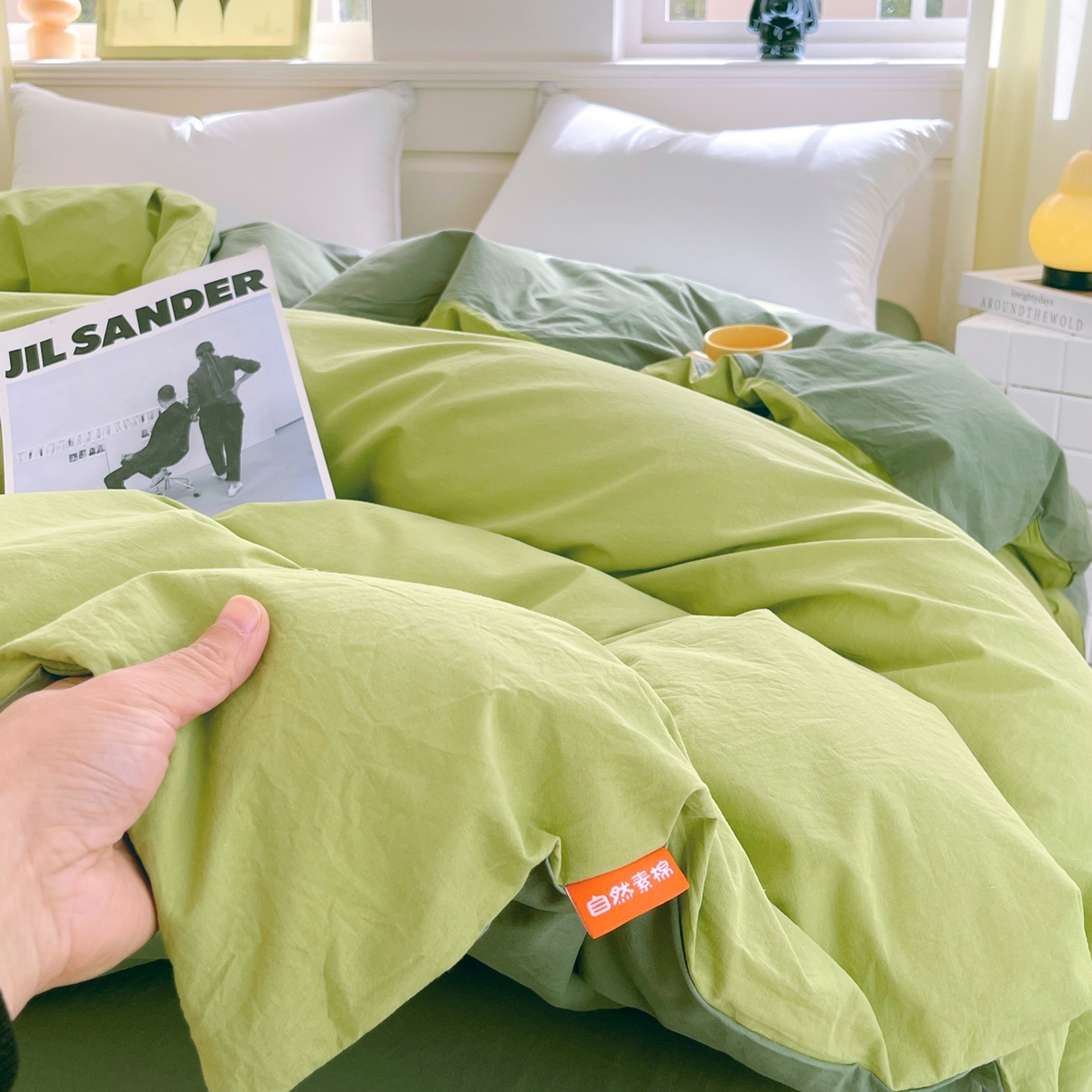 91家纺网 家纺一手货源 找家纺 春皖家纺 2026春夏新款双拼全棉水洗棉单被套被套单件单品被套 果绿-墨绿