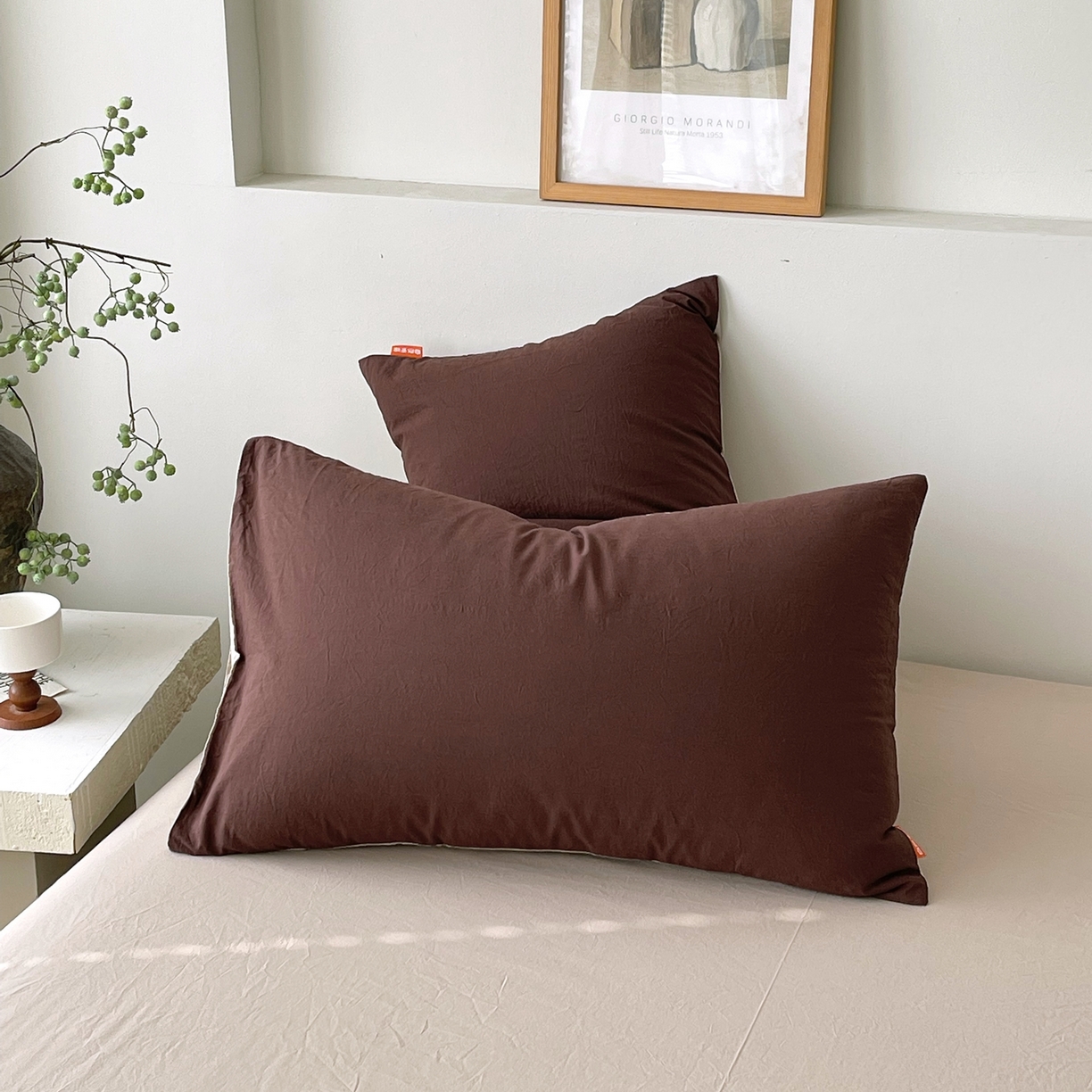 91家纺网 家纺一手货源 找家纺 春皖家纺 2026春夏新款双拼全棉水洗棉单枕套枕套单件单品枕套 慕斯棕-卡其