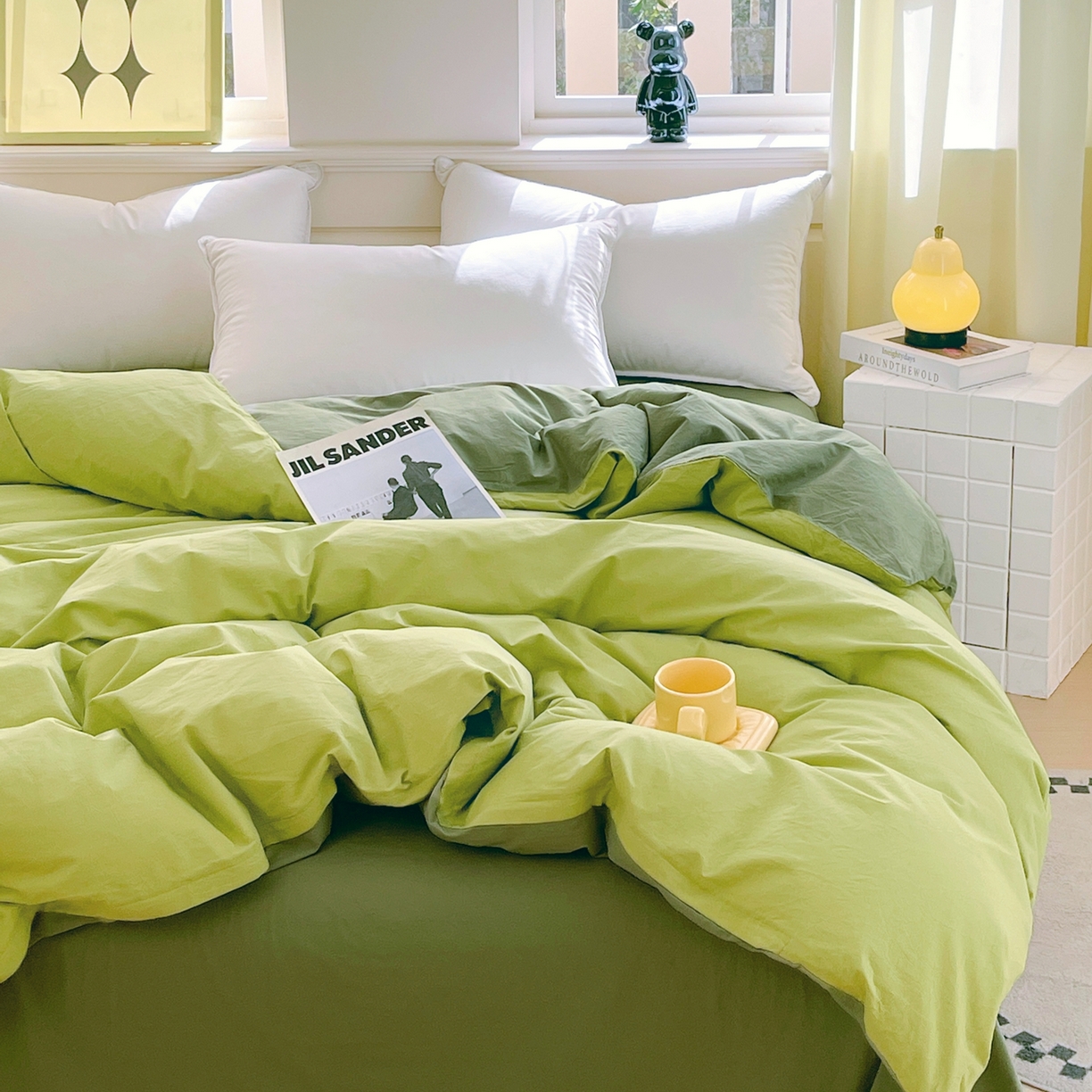 91家纺网 家纺一手货源 找家纺 春皖家纺 2026春夏新款双拼全棉水洗棉单被套被套单件单品被套 果绿-墨绿