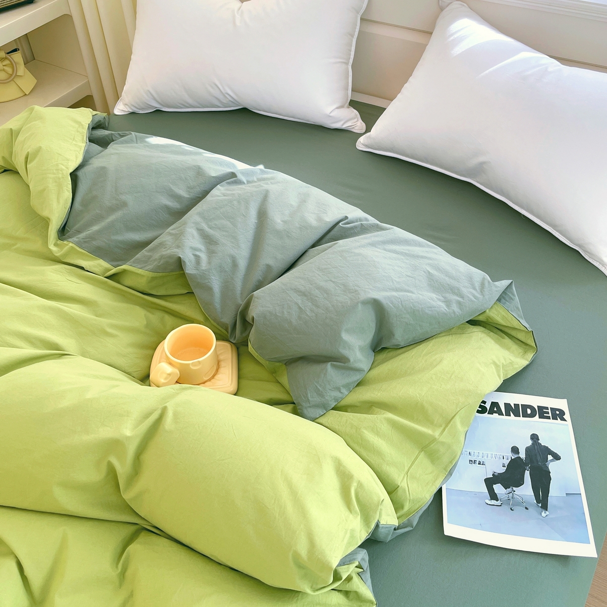 91家纺网 家纺一手货源 找家纺 春皖家纺 2026春夏新款双拼全棉水洗棉单被套被套单件单品被套 果绿-墨绿