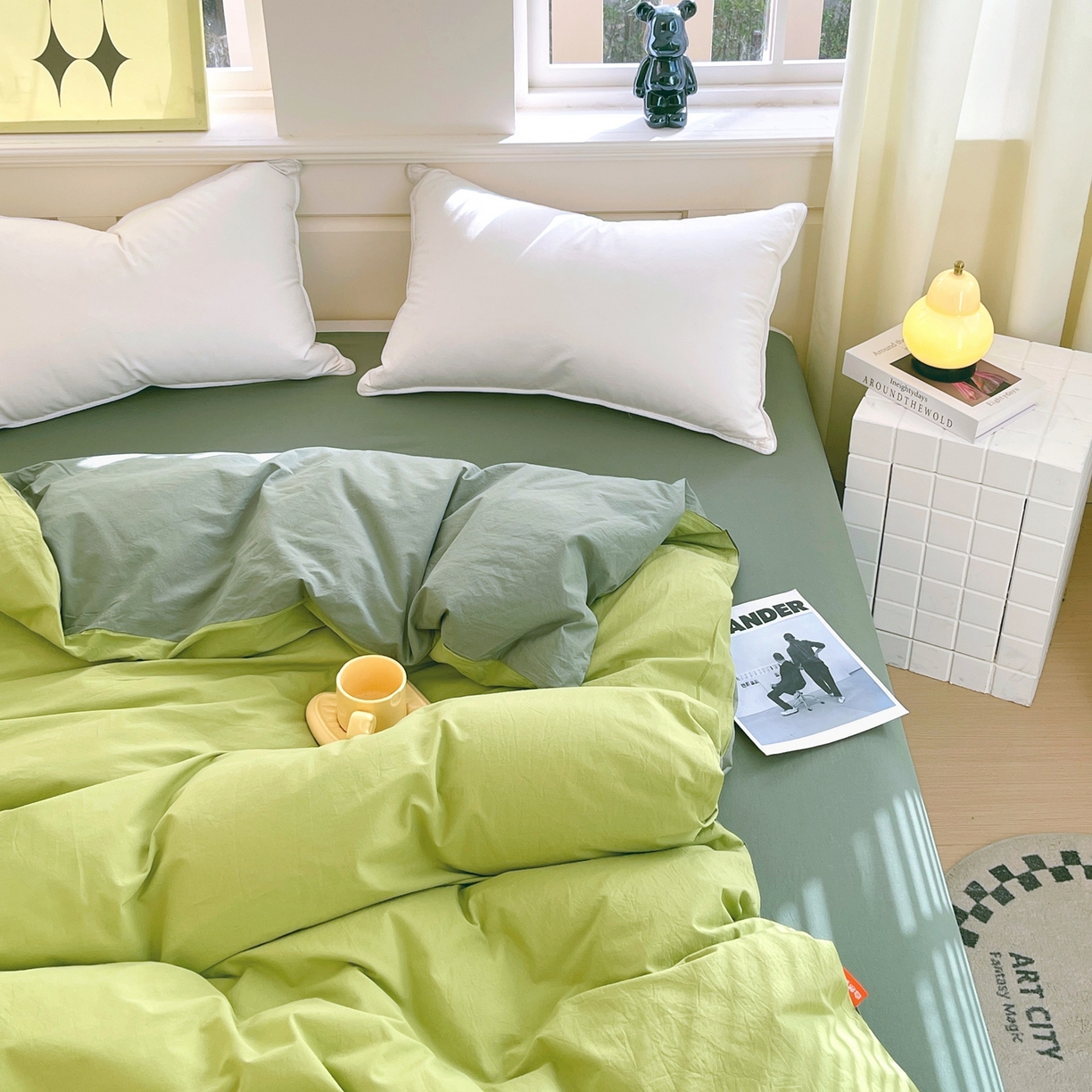 91家纺网 家纺一手货源 找家纺 春皖家纺 2026春夏新款双拼全棉水洗棉单被套被套单件单品被套 果绿-墨绿