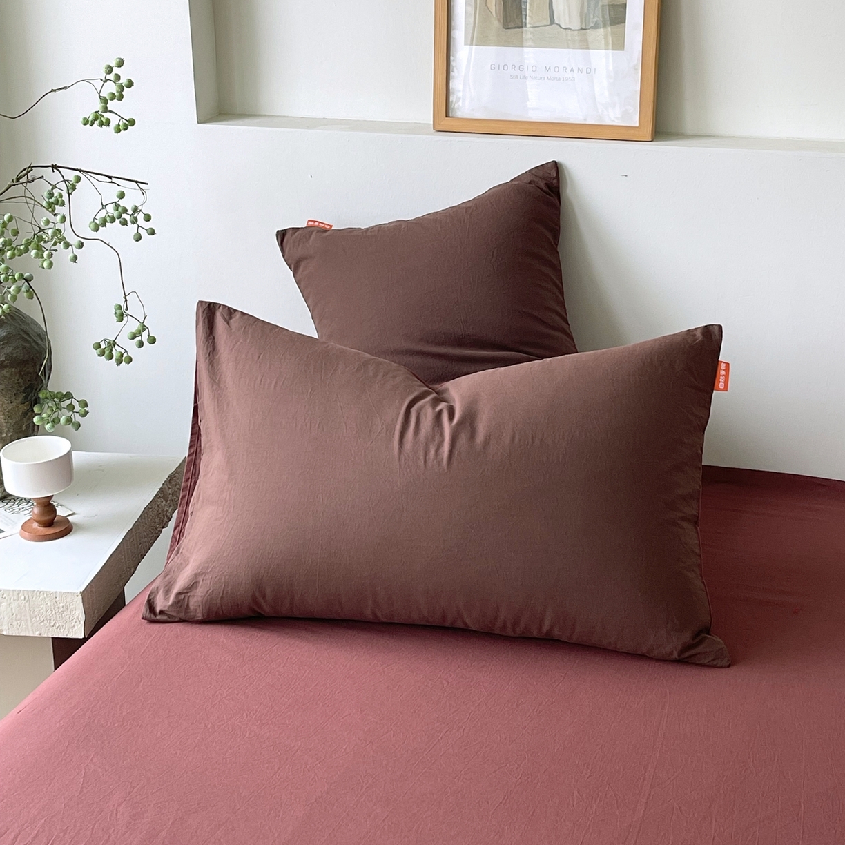 91家纺网 家纺一手货源 找家纺 春皖家纺 2026春夏新款双拼全棉水洗棉单枕套枕套单件单品枕套 慕斯棕-可可红