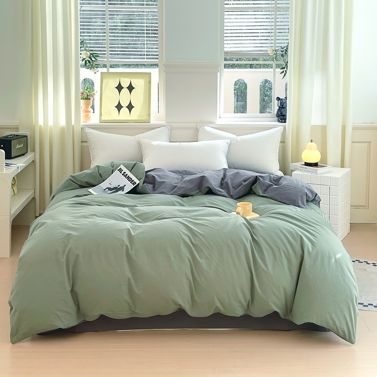 春皖家纺 2026春夏新款双拼全棉水洗棉单被套被套单件单品被套 墨绿-深灰
