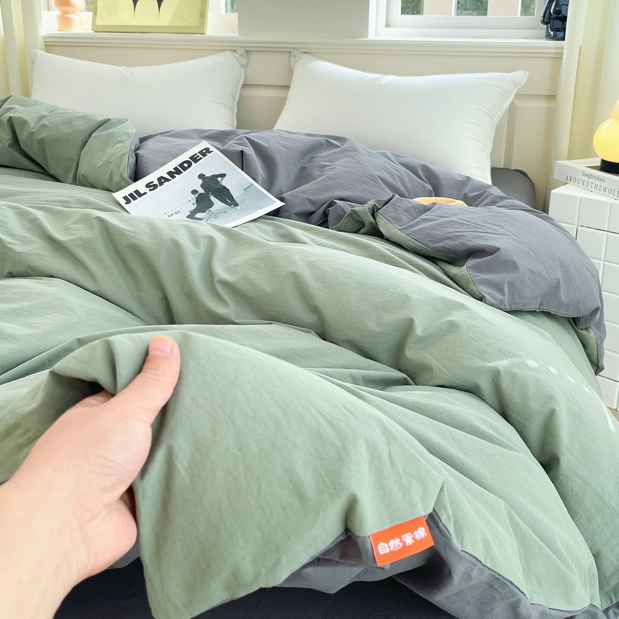 91家纺网 家纺一手货源 找家纺 春皖家纺 2026春夏新款双拼全棉水洗棉单被套被套单件单品被套 墨绿-深灰