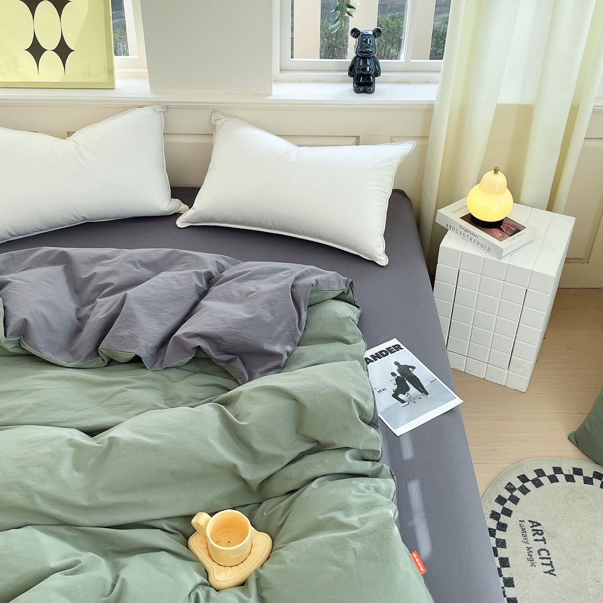 91家纺网 家纺一手货源 找家纺 春皖家纺 2026春夏新款双拼全棉水洗棉单被套被套单件单品被套 墨绿-深灰