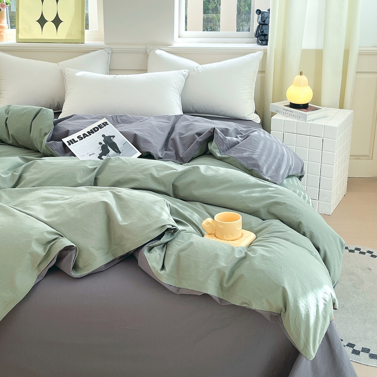 91家纺网 家纺一手货源 找家纺 春皖家纺 2026春夏新款双拼全棉水洗棉单被套被套单件单品被套 墨绿-深灰