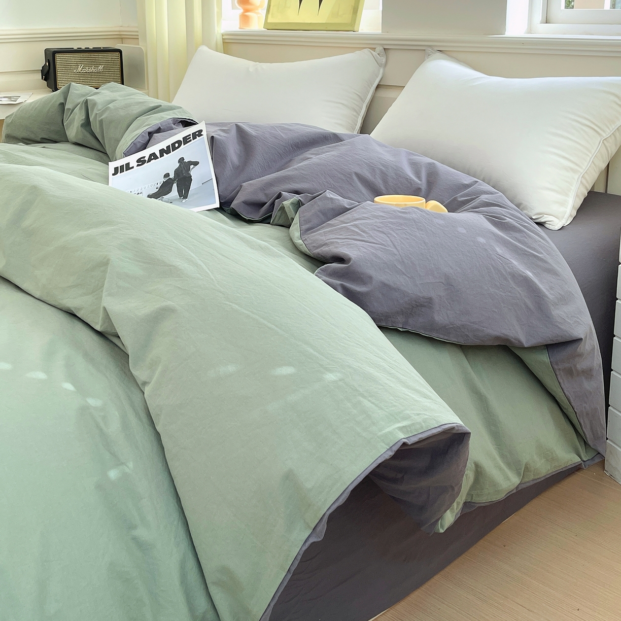 91家纺网 家纺一手货源 找家纺 春皖家纺 2026春夏新款双拼全棉水洗棉单被套被套单件单品被套 墨绿-深灰