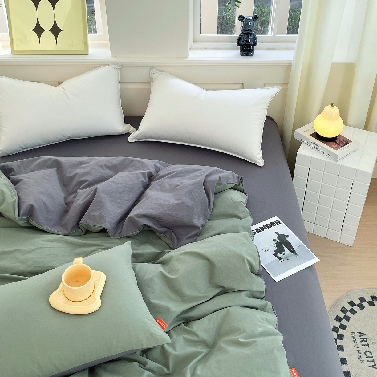 91家纺网 家纺一手货源 找家纺 春皖家纺 2026春夏新款双拼全棉水洗棉单被套被套单件单品被套 墨绿-深灰