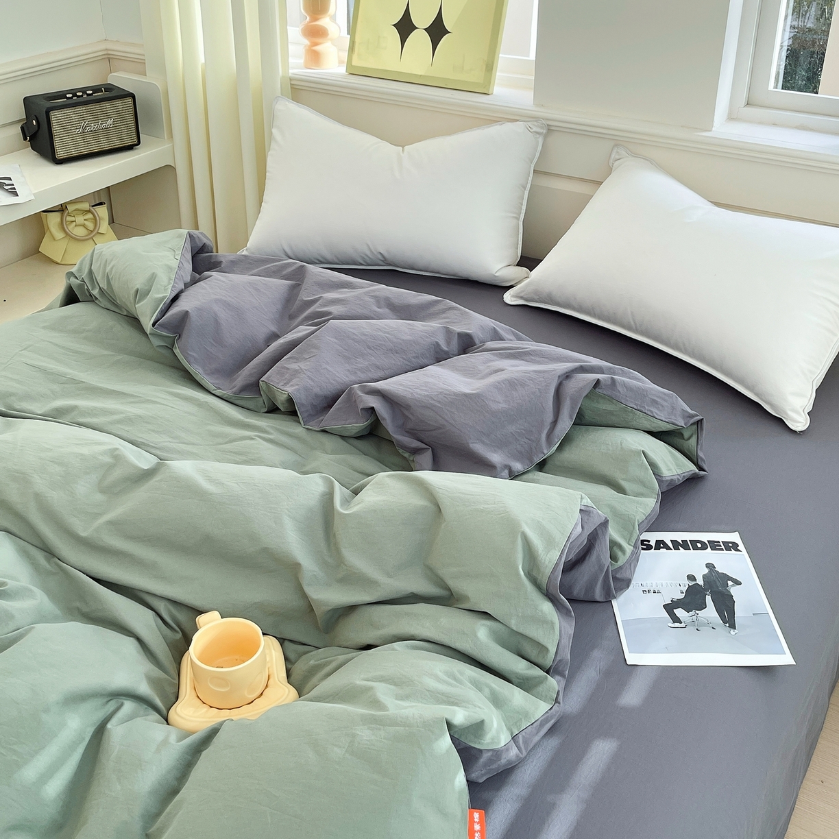 91家纺网 家纺一手货源 找家纺 春皖家纺 2026春夏新款双拼全棉水洗棉单被套被套单件单品被套 墨绿-深灰