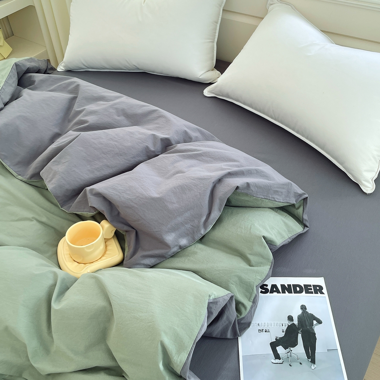 91家纺网 家纺一手货源 找家纺 春皖家纺 2026春夏新款双拼全棉水洗棉单被套被套单件单品被套 墨绿-深灰