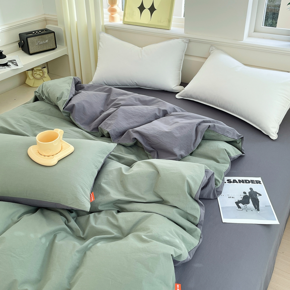 91家纺网 家纺一手货源 找家纺 春皖家纺 2026春夏新款双拼全棉水洗棉单被套被套单件单品被套 墨绿-深灰