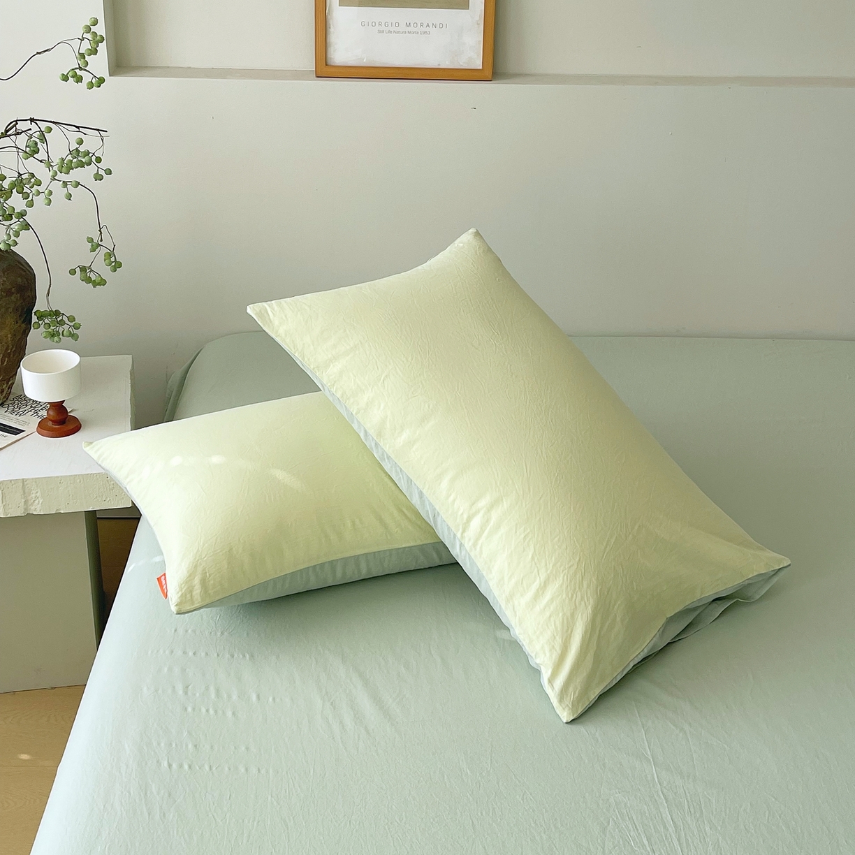 91家纺网 家纺一手货源 找家纺 春皖家纺 2026春夏新款双拼全棉水洗棉单枕套枕套单件单品枕套 浅黄-薄荷绿