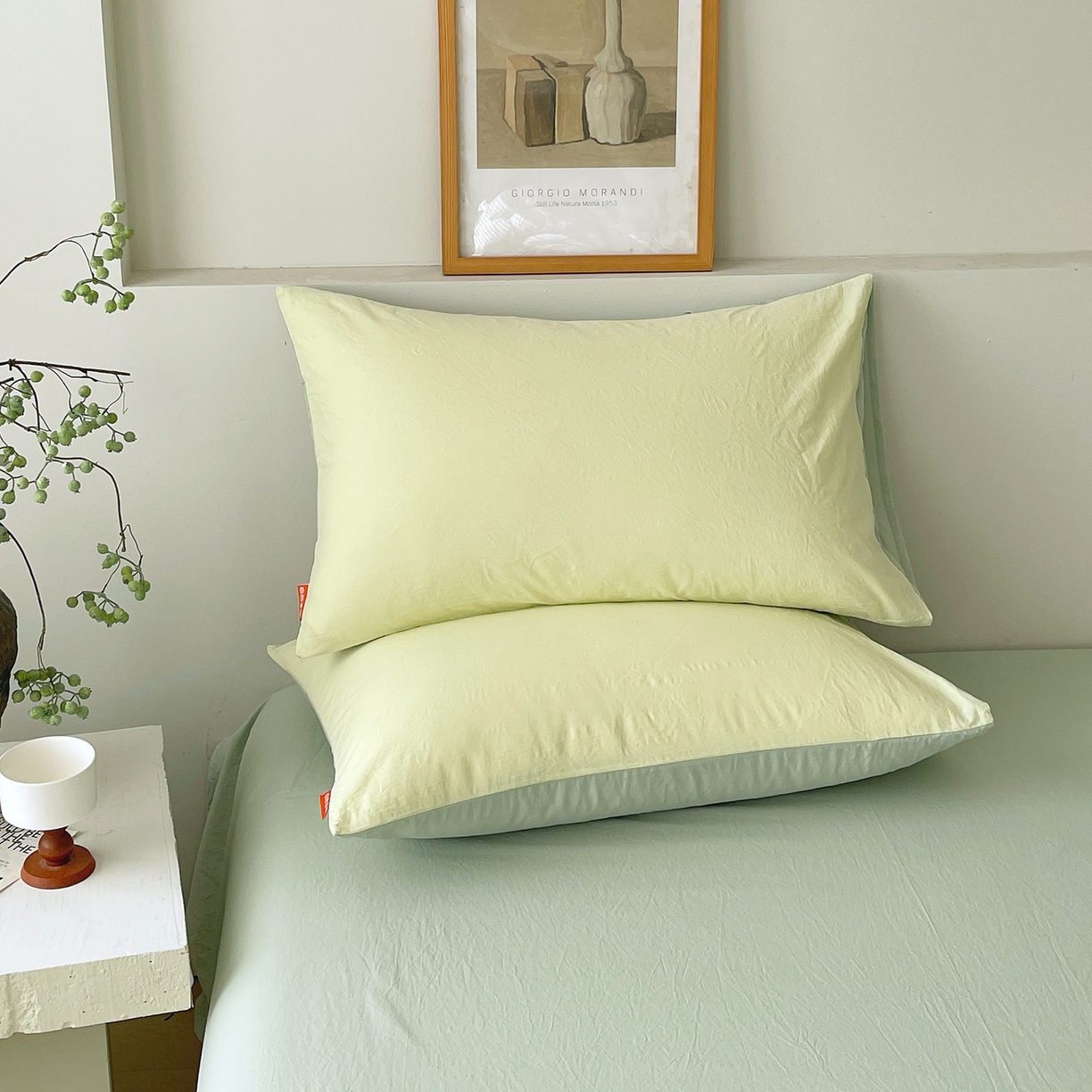 91家纺网 家纺一手货源 找家纺 春皖家纺 2026春夏新款双拼全棉水洗棉单枕套枕套单件单品枕套 浅黄-薄荷绿