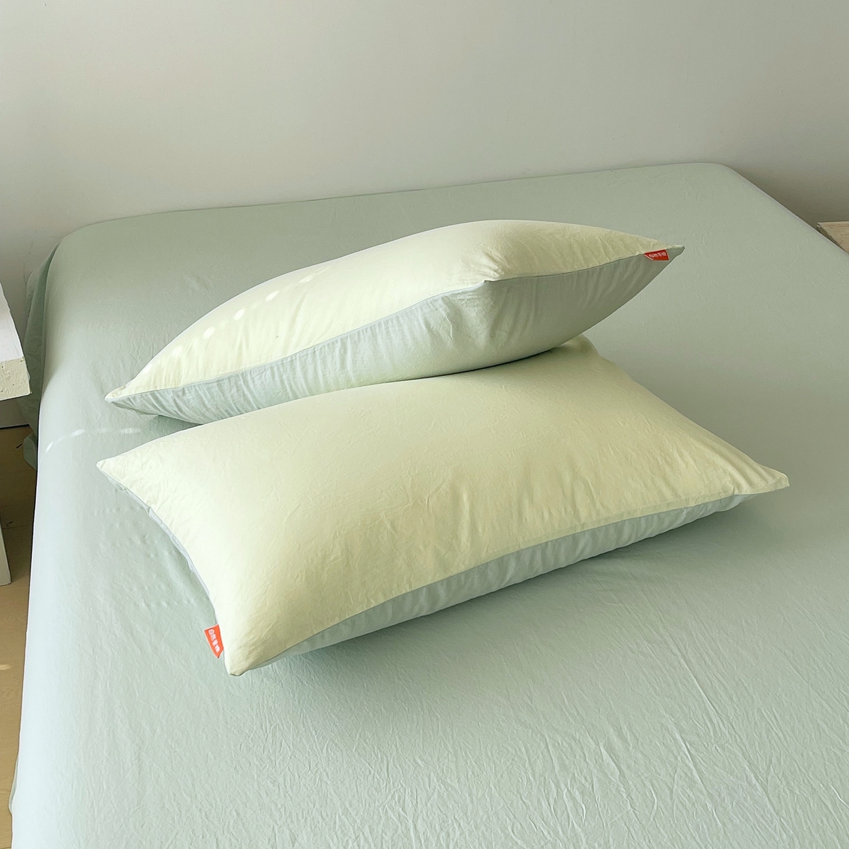 91家纺网 家纺一手货源 找家纺 春皖家纺 2026春夏新款双拼全棉水洗棉单枕套枕套单件单品枕套 浅黄-薄荷绿