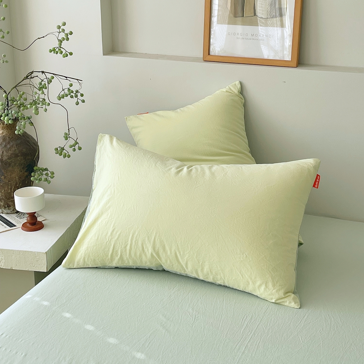 91家纺网 家纺一手货源 找家纺 春皖家纺 2026春夏新款双拼全棉水洗棉单枕套枕套单件单品枕套 浅黄-薄荷绿