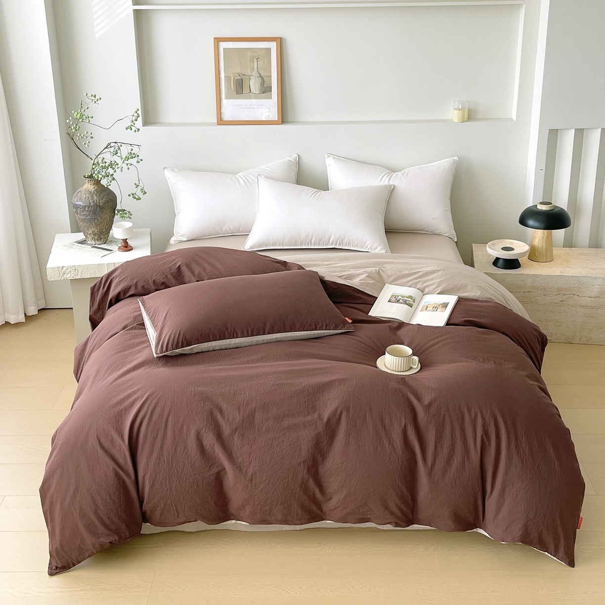 春皖家纺 2026春夏新款双拼全棉水洗棉单被套被套单件单品被套 慕斯棕-卡其