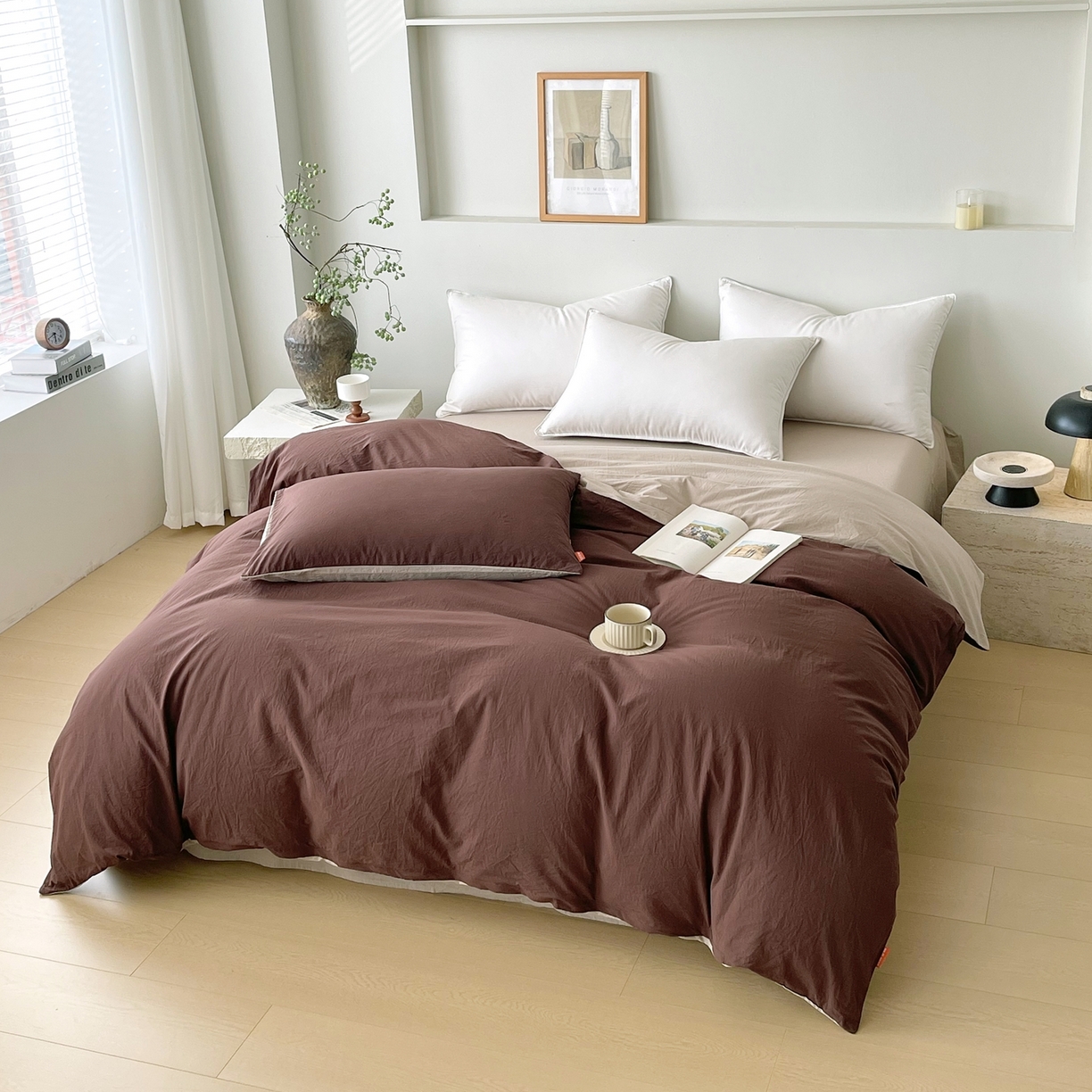 91家纺网 家纺一手货源 找家纺 春皖家纺 2026春夏新款双拼全棉水洗棉单被套被套单件单品被套 慕斯棕-卡其