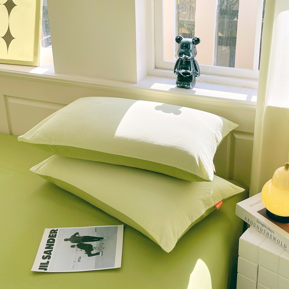 91家纺网 家纺一手货源 找家纺 春皖家纺 2026春夏新款双拼全棉水洗棉单枕套枕套单件单品枕套 浅黄果绿