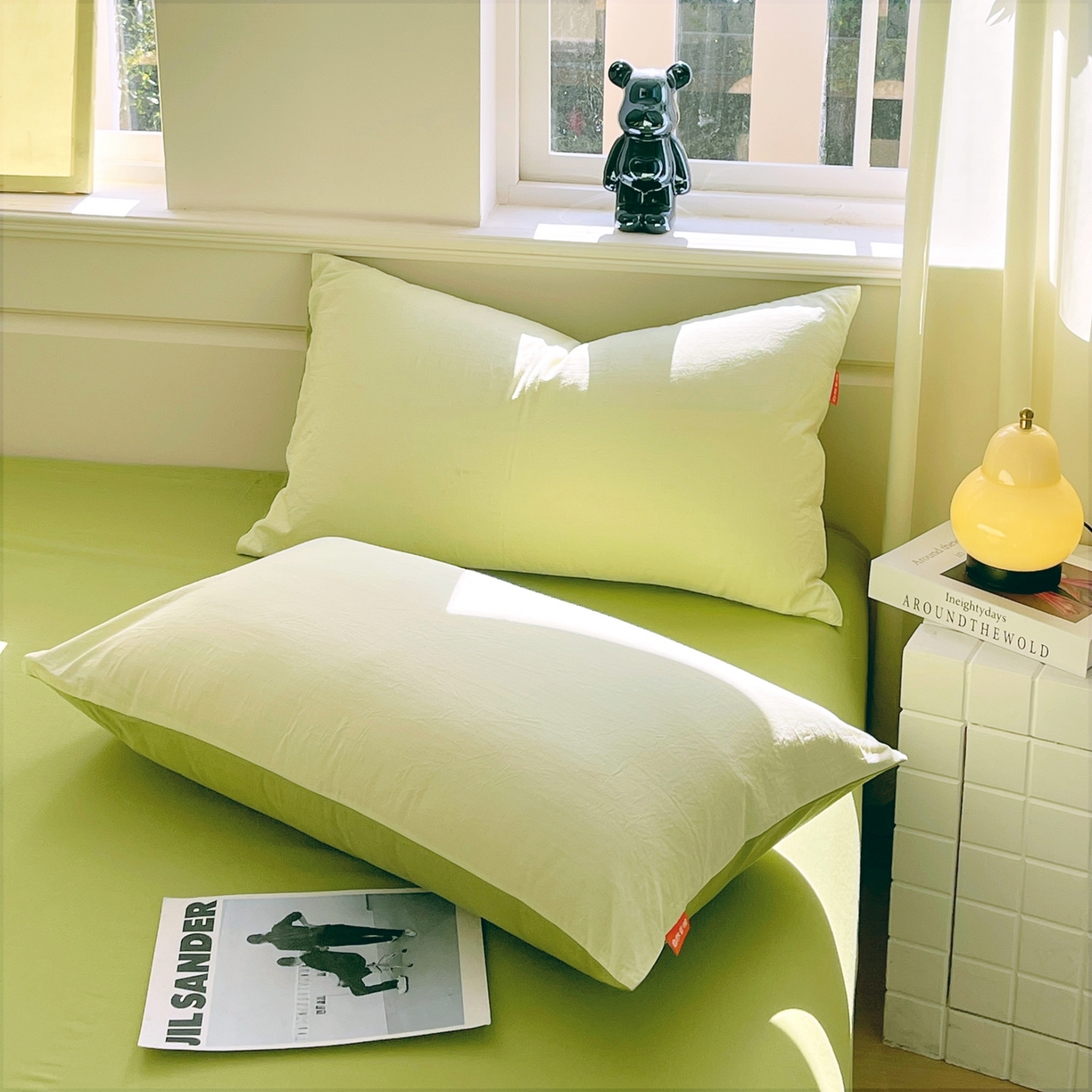91家纺网 家纺一手货源 找家纺 春皖家纺 2026春夏新款双拼全棉水洗棉单枕套枕套单件单品枕套 浅黄果绿