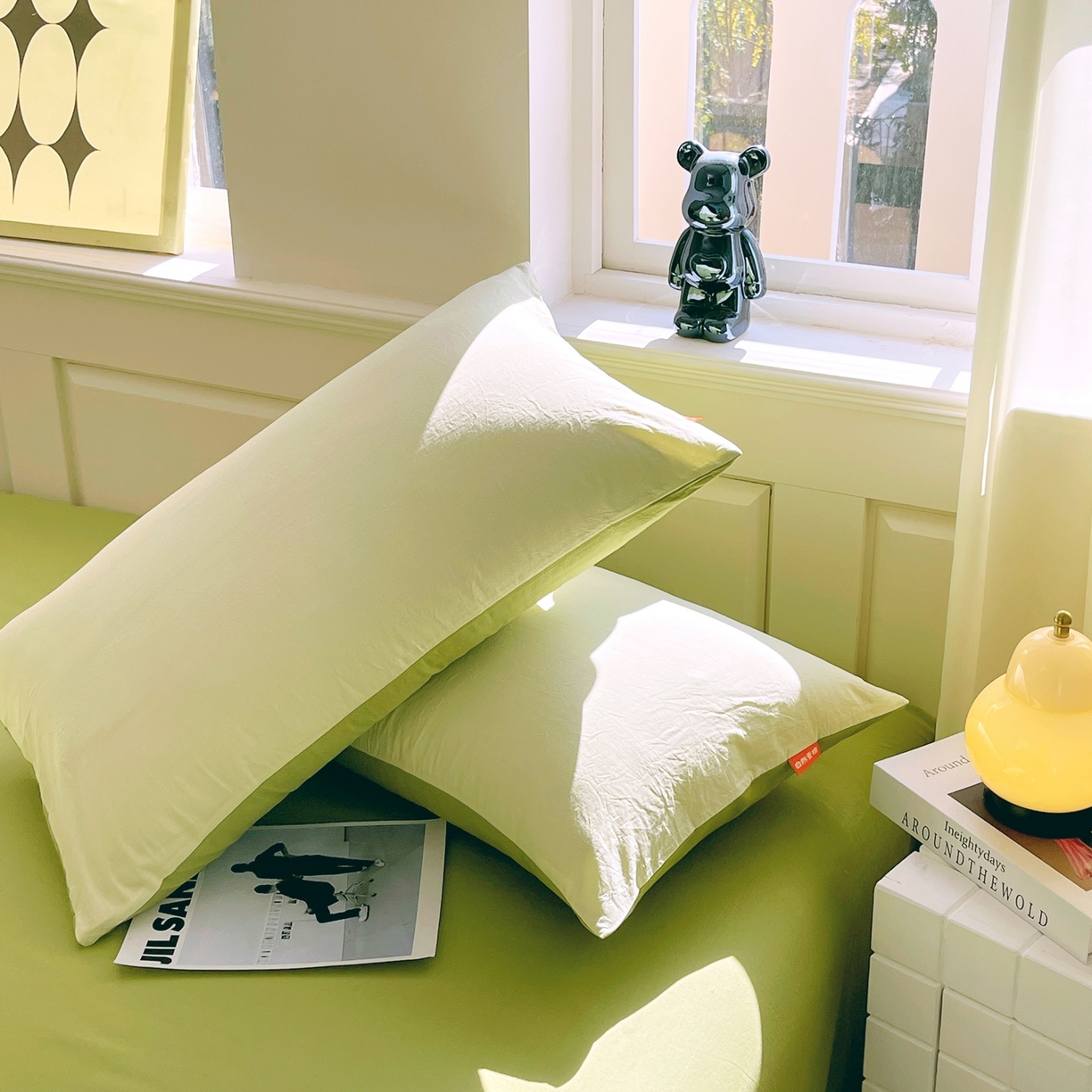 91家纺网 家纺一手货源 找家纺 春皖家纺 2026春夏新款双拼全棉水洗棉单枕套枕套单件单品枕套 浅黄果绿