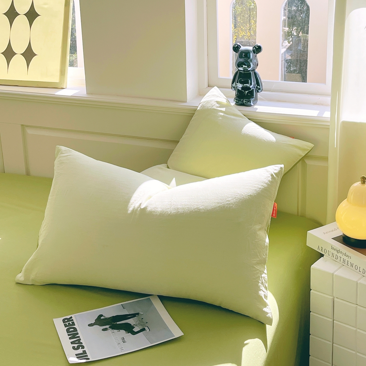 91家纺网 家纺一手货源 找家纺 春皖家纺 2026春夏新款双拼全棉水洗棉单枕套枕套单件单品枕套 浅黄果绿