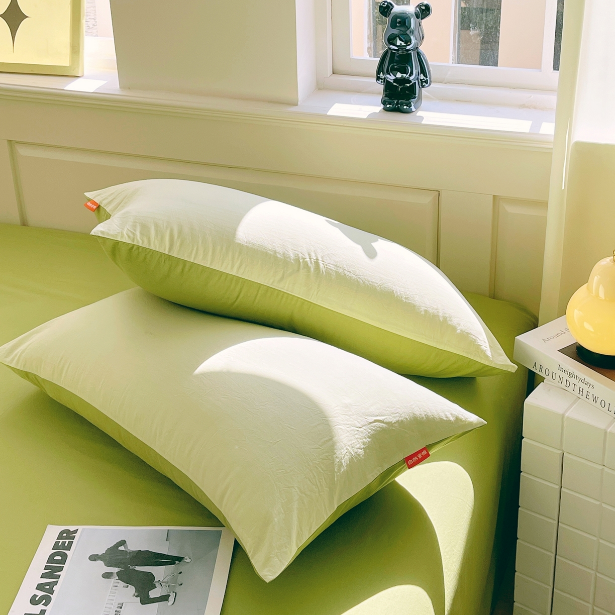 91家纺网 家纺一手货源 找家纺 春皖家纺 2026春夏新款双拼全棉水洗棉单枕套枕套单件单品枕套 浅黄果绿