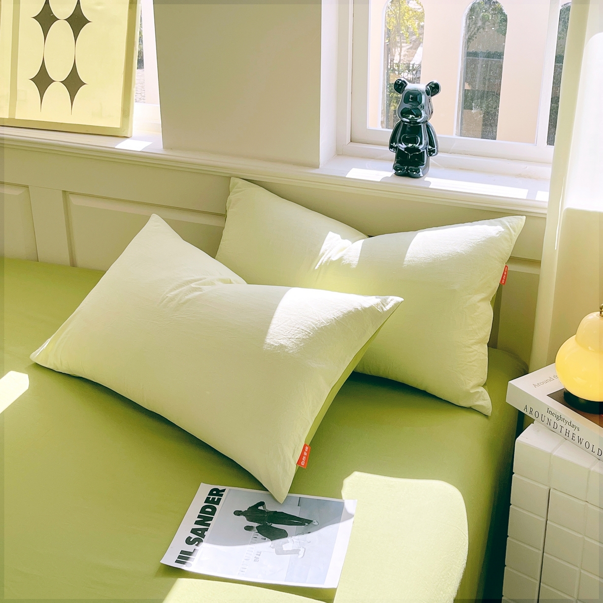 91家纺网 家纺一手货源 找家纺 春皖家纺 2026春夏新款双拼全棉水洗棉单枕套枕套单件单品枕套 浅黄果绿