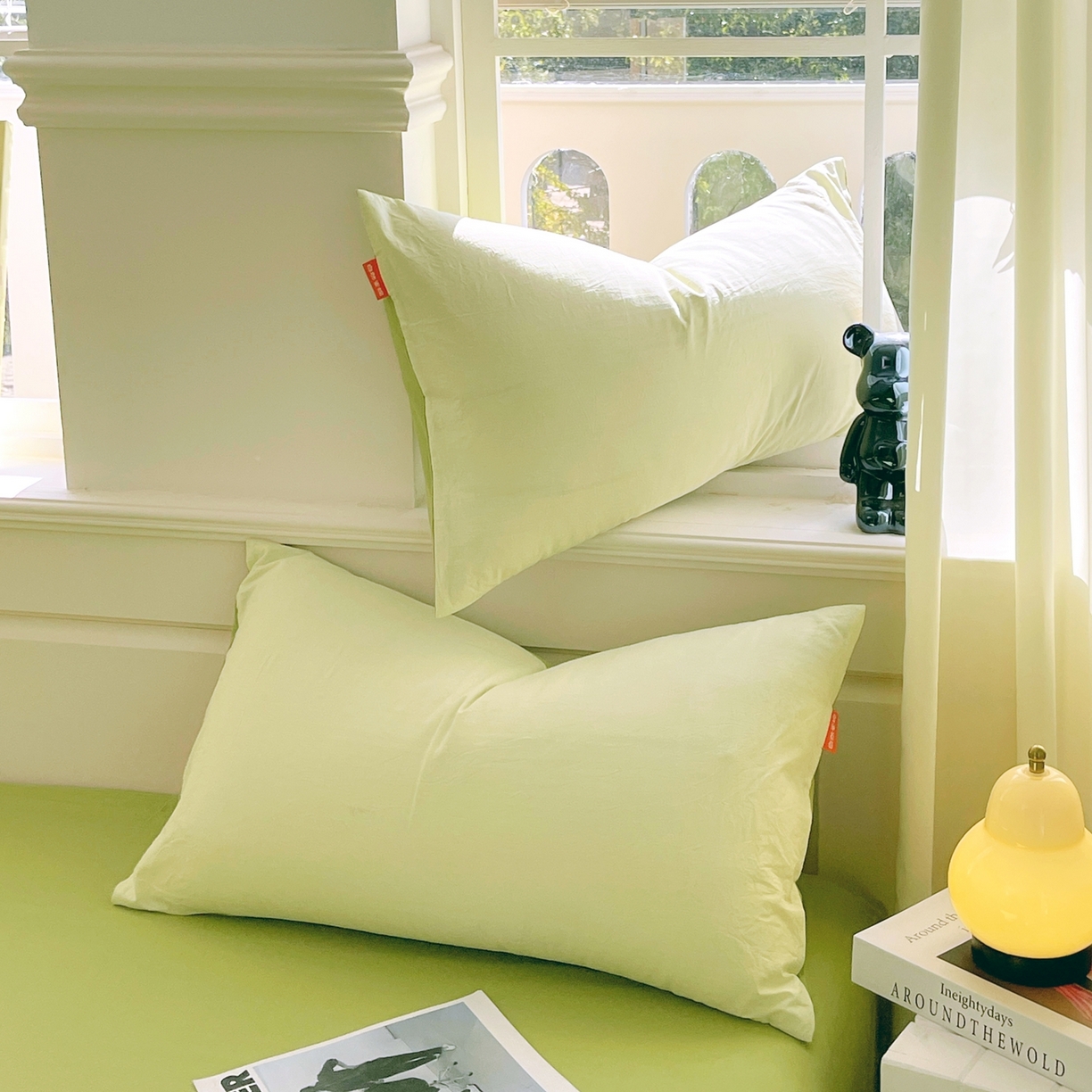 91家纺网 家纺一手货源 找家纺 春皖家纺 2026春夏新款双拼全棉水洗棉单枕套枕套单件单品枕套 浅黄果绿