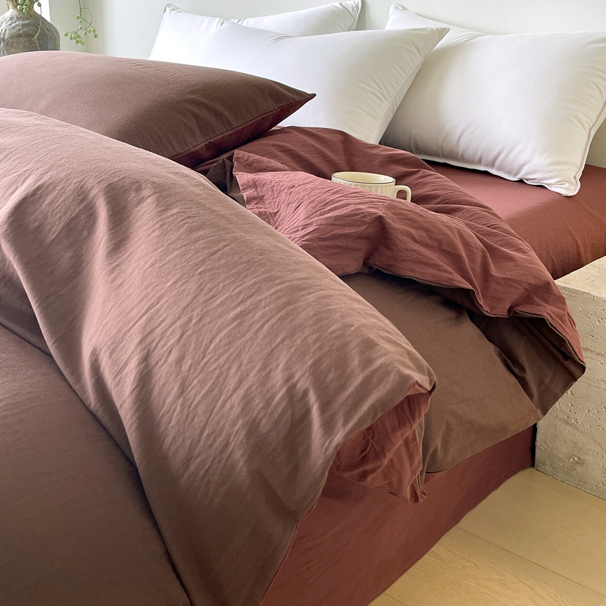 91家纺网 家纺一手货源 找家纺 春皖家纺 2026春夏新款双拼全棉水洗棉单被套被套单件单品被套 慕斯棕-可可红