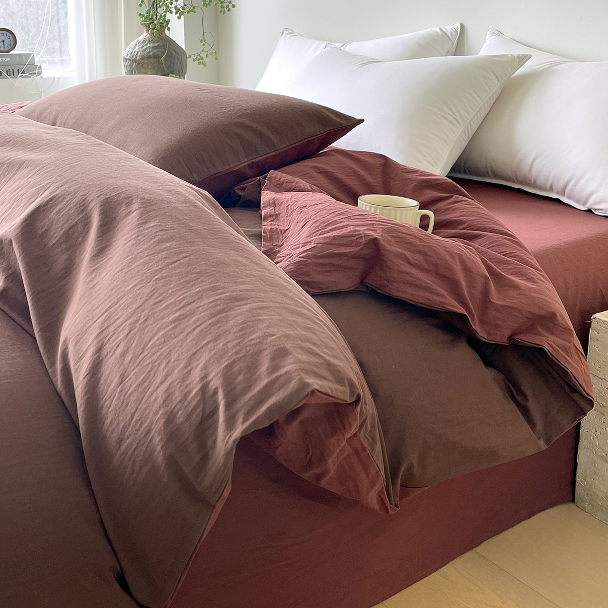 91家纺网 家纺一手货源 找家纺 春皖家纺 2026春夏新款双拼全棉水洗棉单被套被套单件单品被套 慕斯棕-可可红