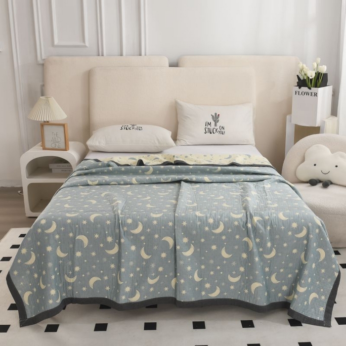 91家纺网 家纺一手货源 找家纺 兄弟坊 2026新款A类全棉三层纱多功能毛巾被夏被夏凉被（盖毯床单夏被） 星月-蓝