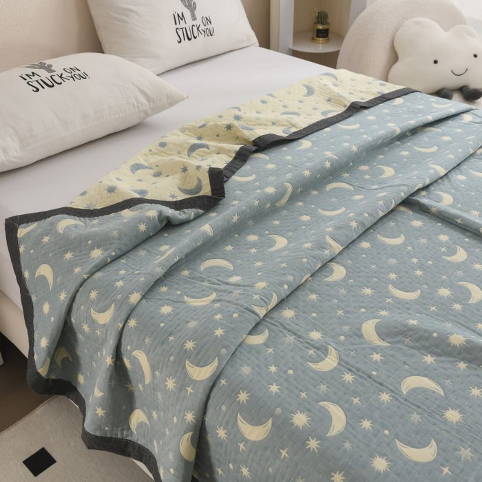 91家纺网 家纺一手货源 找家纺 兄弟坊 2026新款A类全棉三层纱多功能毛巾被夏被夏凉被（盖毯床单夏被） 星月-蓝