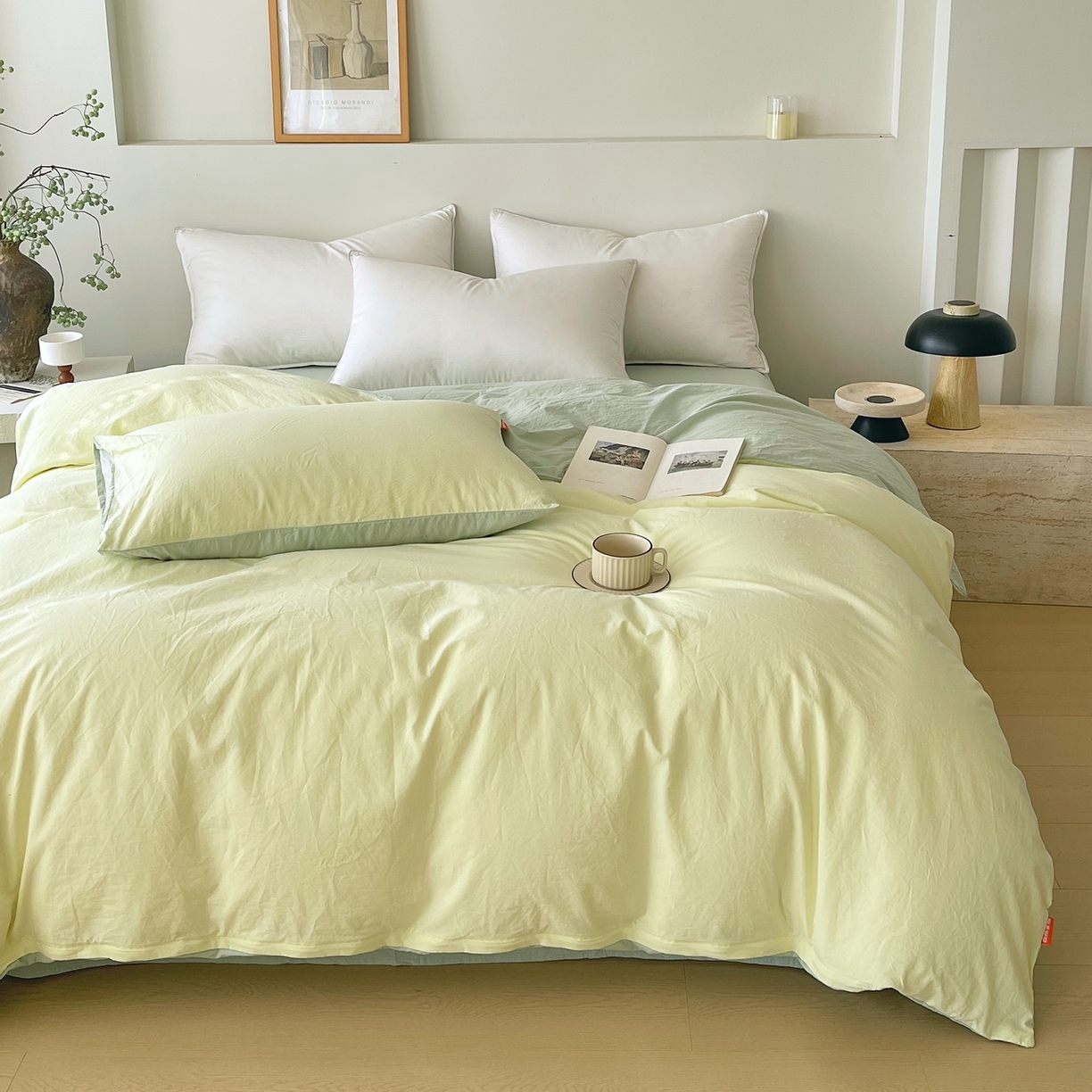 91家纺网 家纺一手货源 找家纺 春皖家纺 2026春夏新款双拼全棉水洗棉单被套被套单件单品被套 浅黄-薄荷绿